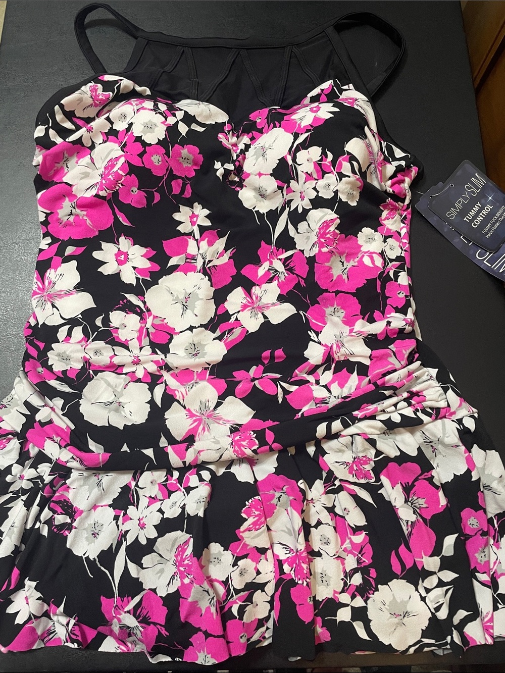 Simply Swim  Dress - Black w Pink & White Floral Sz. L 12/14 NWT tummy control